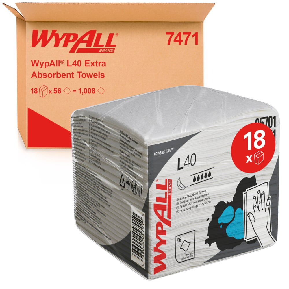 WypAll® L40 Extrasaugfähige Tücher 7471 – Einmaltücher – 18 Packungen mit je 56 viertelgefalteten weißen Tüchern (gesamt 1.008 Wischtücher)