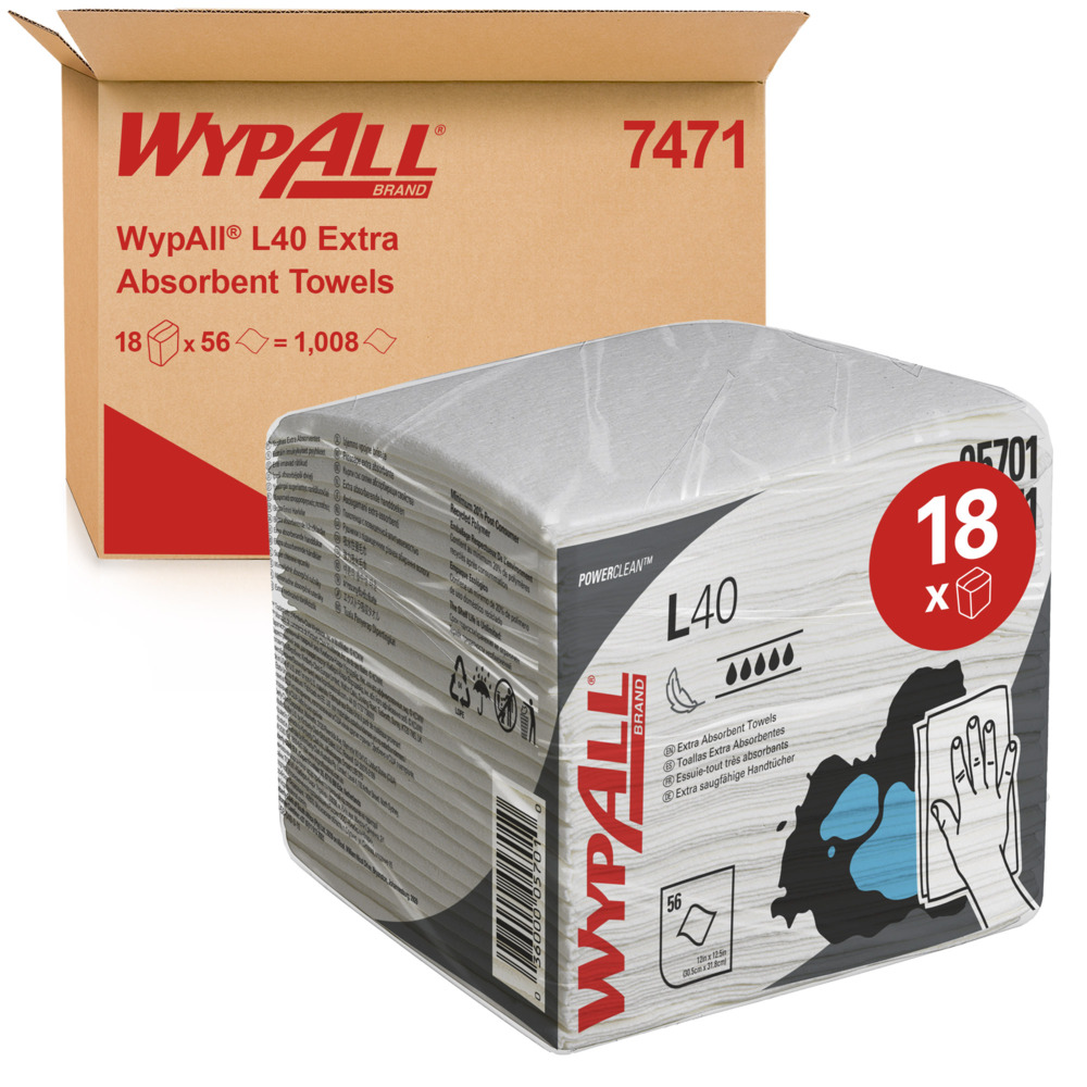 WypAll® L40 Extra Absorbent Towels 7471 - Disposable Cloths - 18 Packs x 56 Quarter Fold White Cloths (1,008 Paper Wipers Total) - 7471