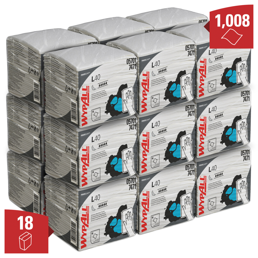 WypAll® L40 extra absorberende poetsdoeken 7471 - wegwerpdoeken - 18 verpakkingen x 56 kwartgevouwen witte poetsdoeken (1.008 papieren poetsdoeken in totaal) - 7471