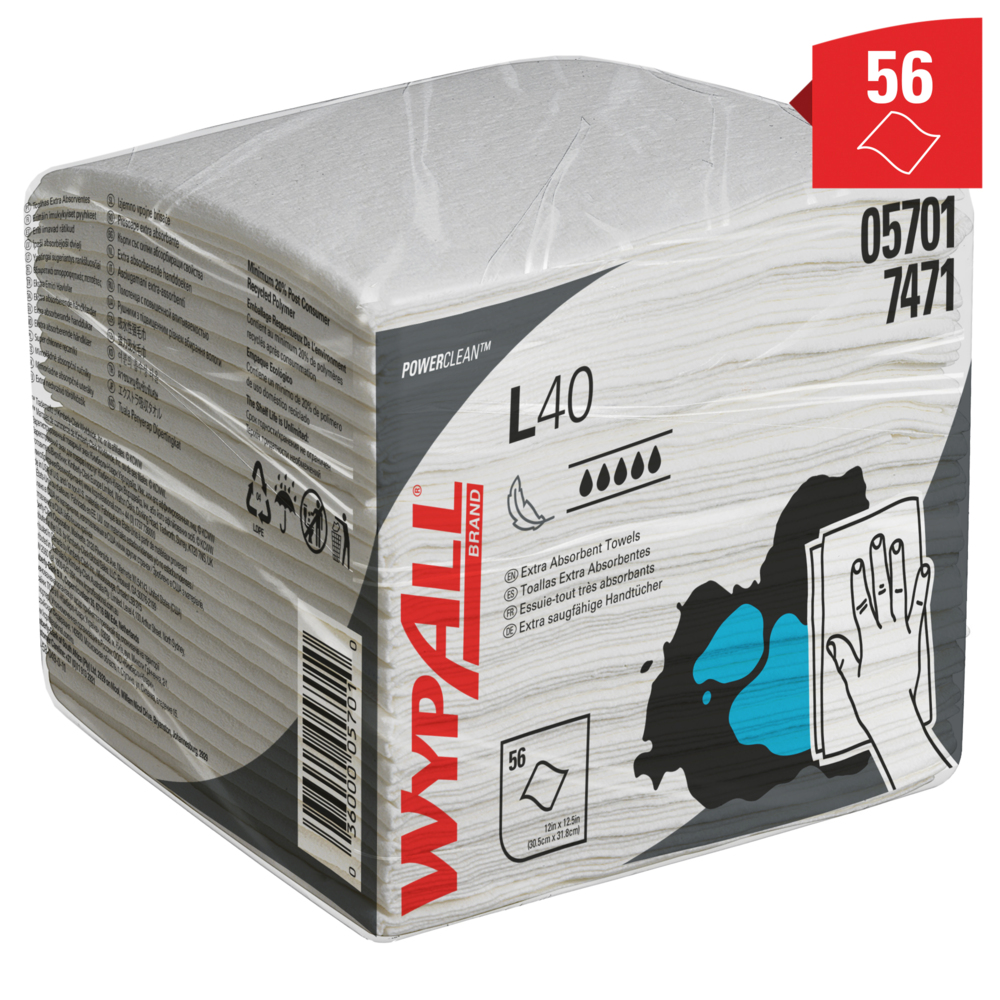 Serviettes ultra-absorbantes WypAll® L40 7471 – Chiffons jetables – 18 paquets de 56 chiffons blancs pliés en quatre (1 008 lingettes en papier au total) - 7471