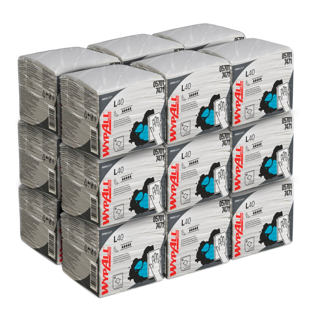 Serviettes ultra-absorbantes WypAll® L40 7471 – Chiffons jetables – 18 paquets de 56 chiffons blancs pliés en quatre (1 008 lingettes en papier au total) - 7471