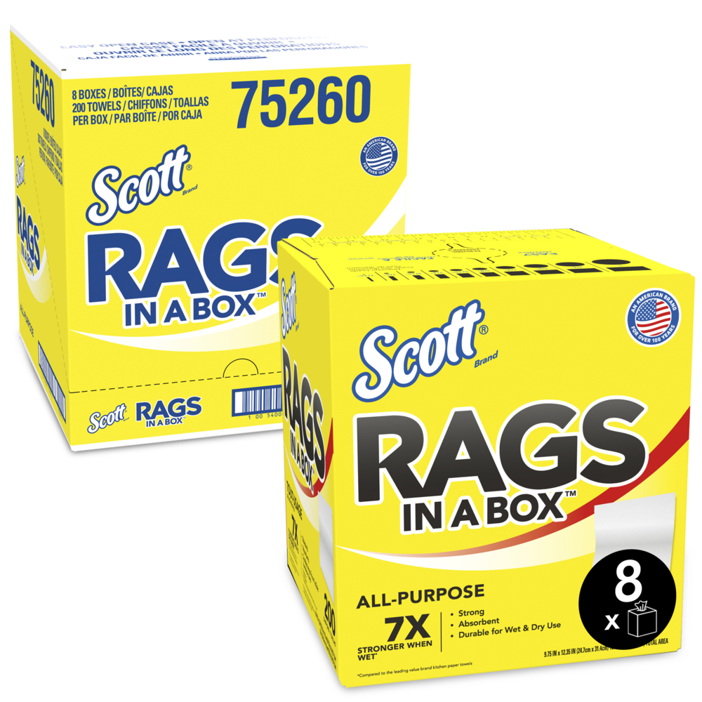 Scott® Rags In A Box™ 75260 - Heavy Duty Disposable Towels - 8 Boxes x 200 White Shop Towels (1,600 Paper Towels Total) - 75260