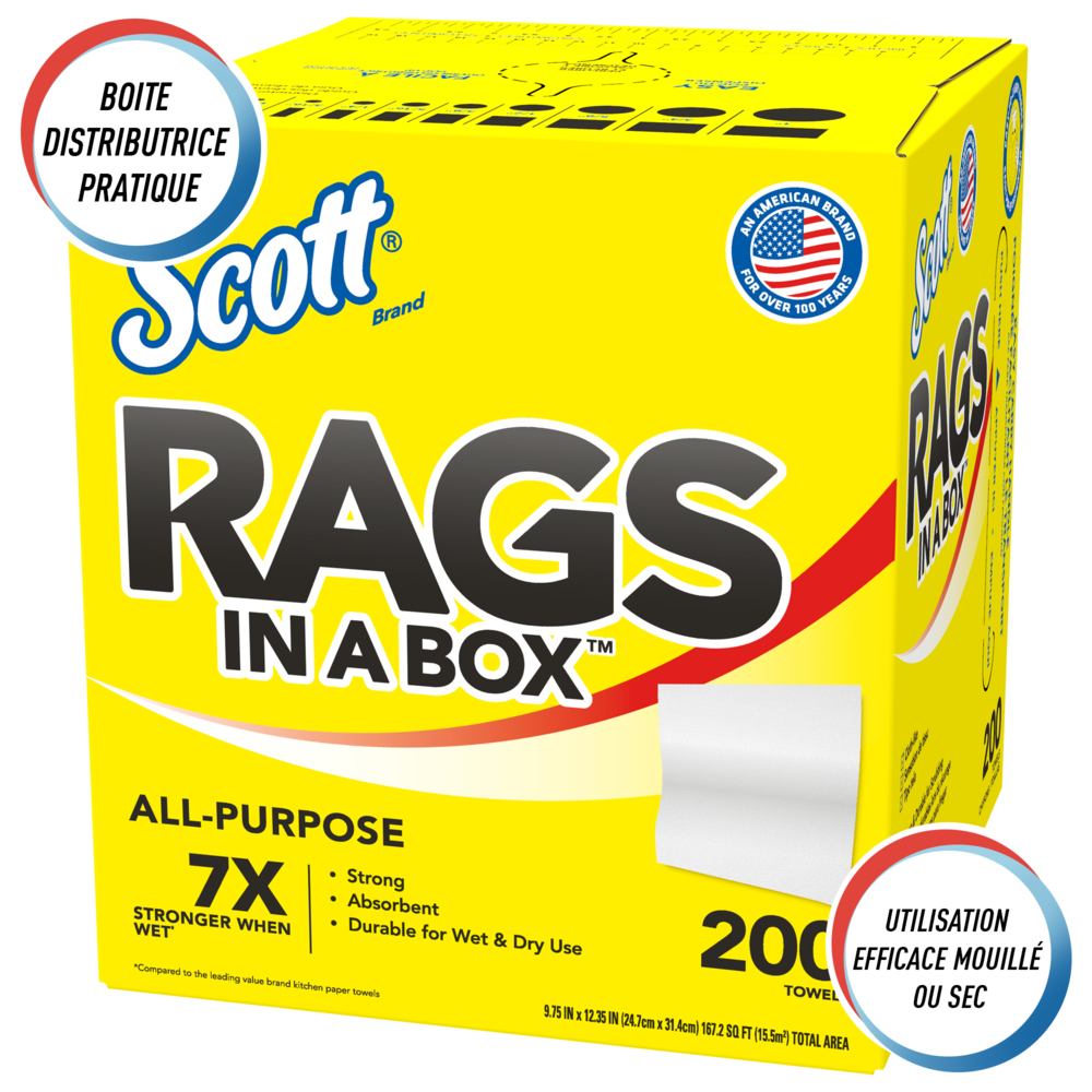 Scott® Rags In A Box™ 75260 - Essuie-mains jetables pour essuyage intensif - 8 boîtes de 200 essuie-mains blancs d'atelier (total de 1 600 essuie-mains) - 75260