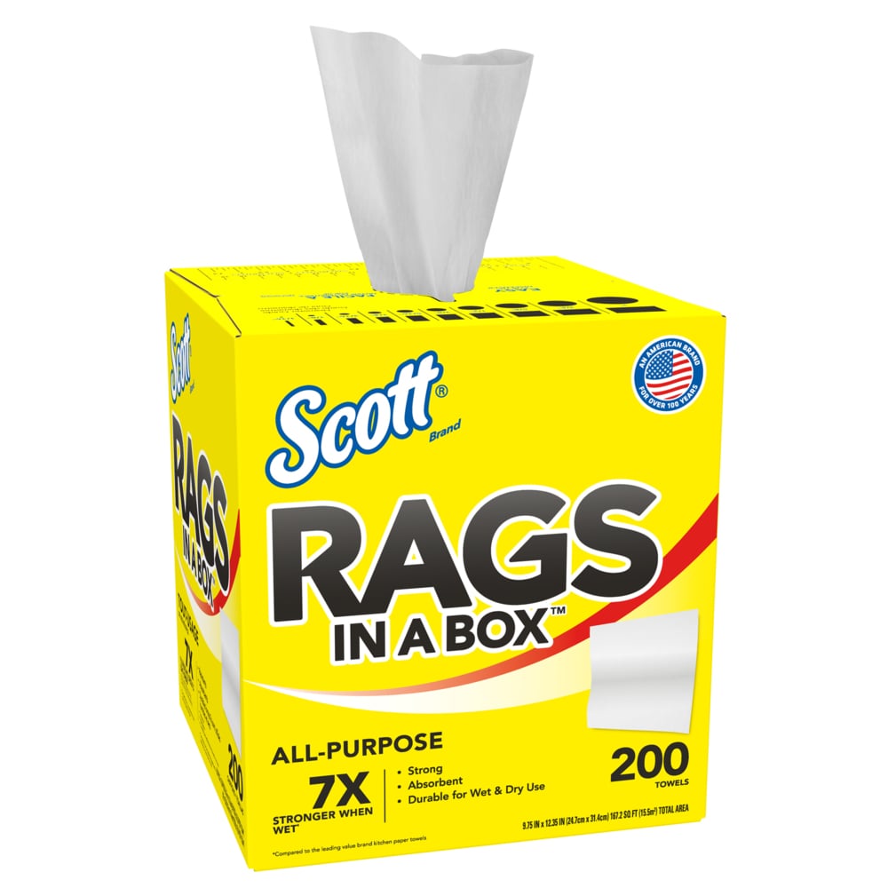 Scott® Rags In A Box™ 75260 - Essuie-mains jetables pour essuyage intensif - 8 boîtes de 200 essuie-mains blancs d'atelier (total de 1 600 essuie-mains) - 75260