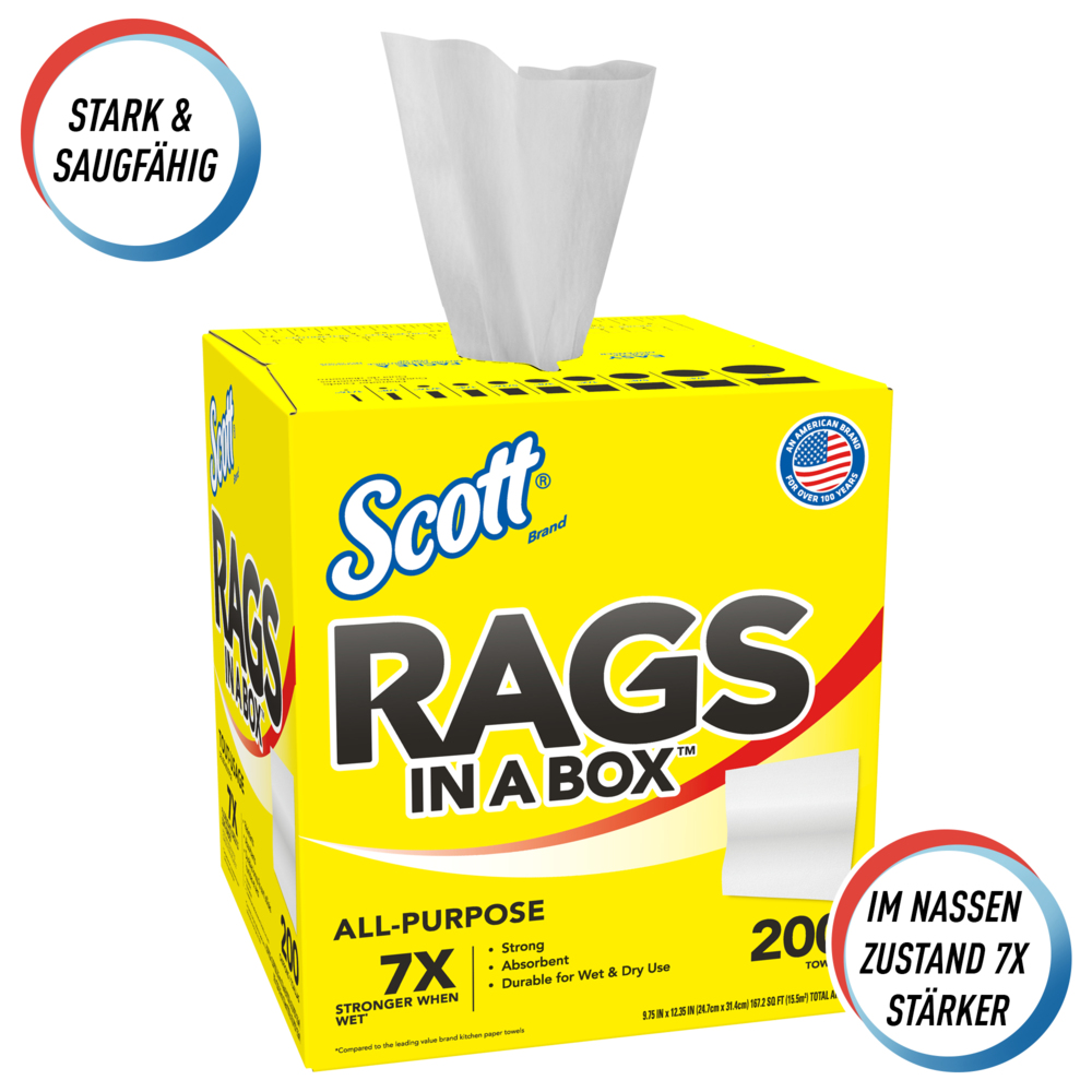 Scott® Rags In A Box™ 75260 - Essuie-mains jetables pour essuyage intensif - 8 boîtes de 200 essuie-mains blancs d'atelier (total de 1 600 essuie-mains) - 75260