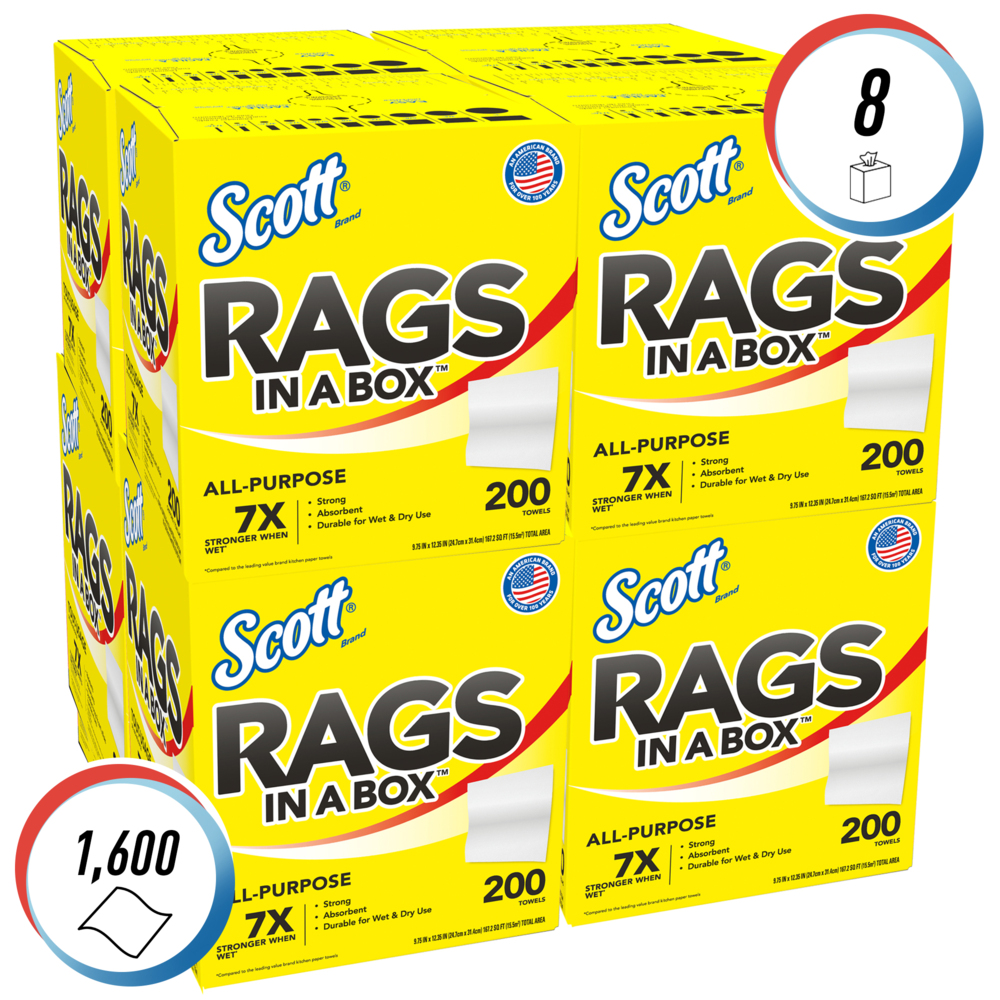 Scott® Rags In A Box™ 75260 - Essuie-mains jetables pour essuyage intensif - 8 boîtes de 200 essuie-mains blancs d'atelier (total de 1 600 essuie-mains) - 75260