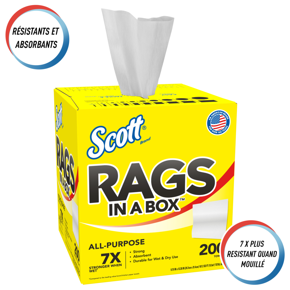 Scott® Rags In A Box™ 75260 - Essuie-mains jetables pour essuyage intensif - 8 boîtes de 200 essuie-mains blancs d'atelier (total de 1 600 essuie-mains) - 75260