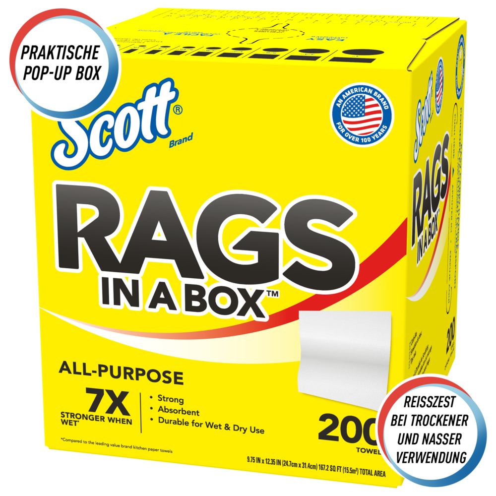 Scott® Rags In A Box™ 75260 - Essuie-mains jetables pour essuyage intensif - 8 boîtes de 200 essuie-mains blancs d'atelier (total de 1 600 essuie-mains) - 75260
