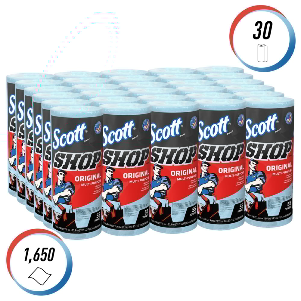Scott® Shop Towels Original 75130 - Heavy Duty Blue Towels - 30 Packs of 1 Blue Roll x 55 Disposable Towels (1,650 Paper Towels Total) - 75130