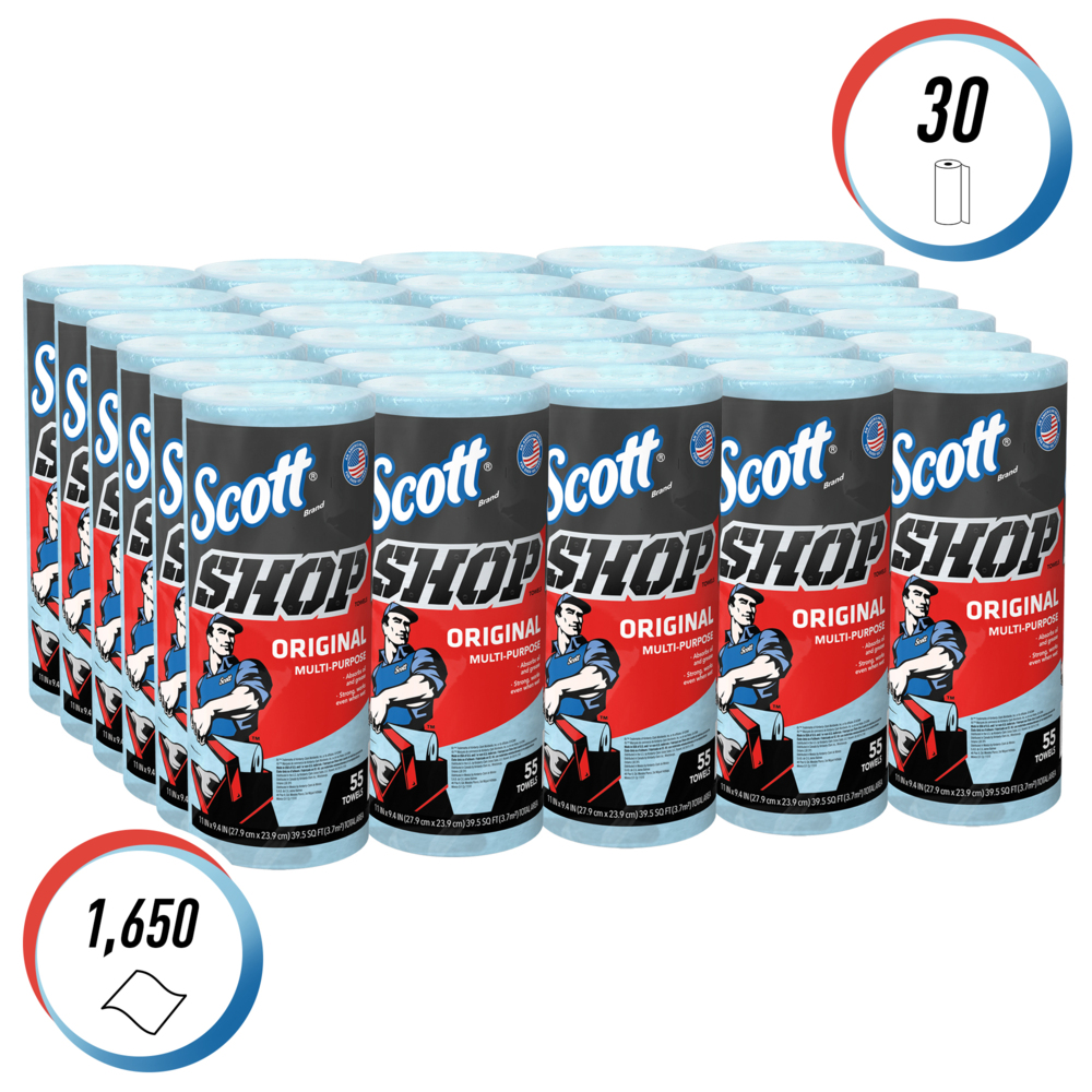 Essuie-mains Scott® Shop Towels Original 75130 - Essuie-mains bleus pour essuyage intensif - 30 paquets de 1 rouleau bleu de 55 essuie-mains jetables (total de 1 650 essuie-mains) - 75130
