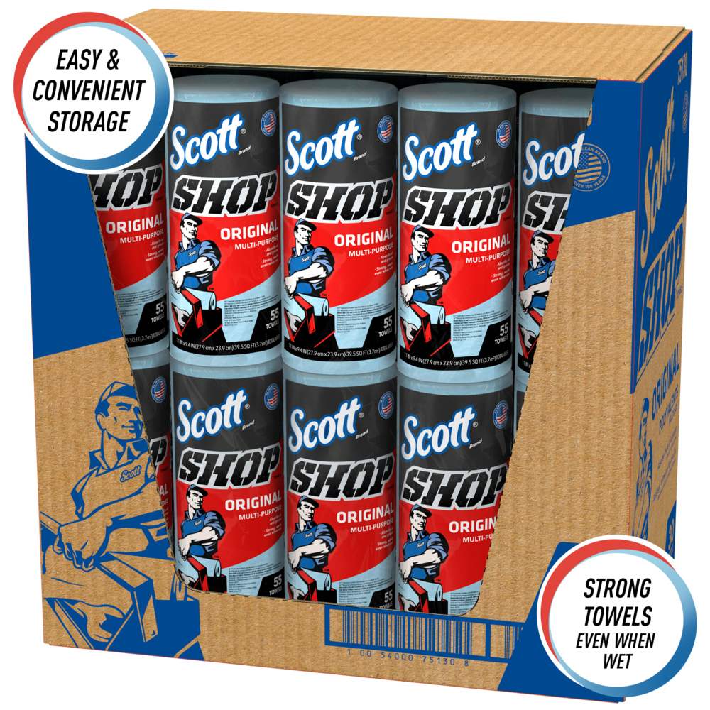 Essuie-mains Scott® Shop Towels Original 75130 - Essuie-mains bleus pour essuyage intensif - 30 paquets de 1 rouleau bleu de 55 essuie-mains jetables (total de 1 650 essuie-mains) - 75130