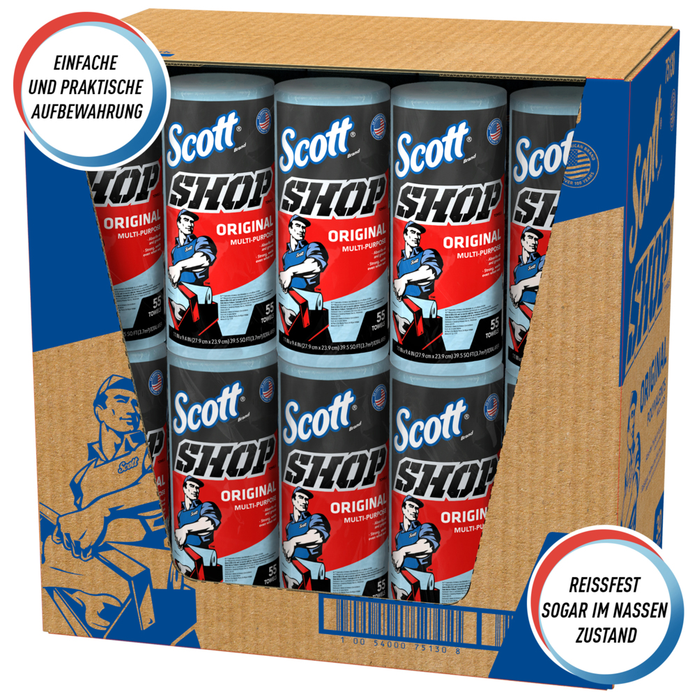 Essuie-mains Scott® Shop Towels Original 75130 - Essuie-mains bleus pour essuyage intensif - 30 paquets de 1 rouleau bleu de 55 essuie-mains jetables (total de 1 650 essuie-mains) - 75130
