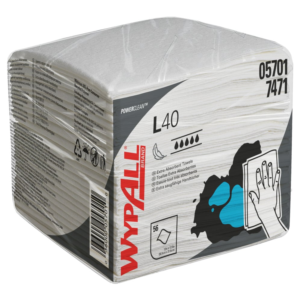 Serviettes ultra-absorbantes WypAll® L40 7471 – Chiffons jetables – 18 paquets de 56 chiffons blancs pliés en quatre (1 008 lingettes en papier au total) - 7471