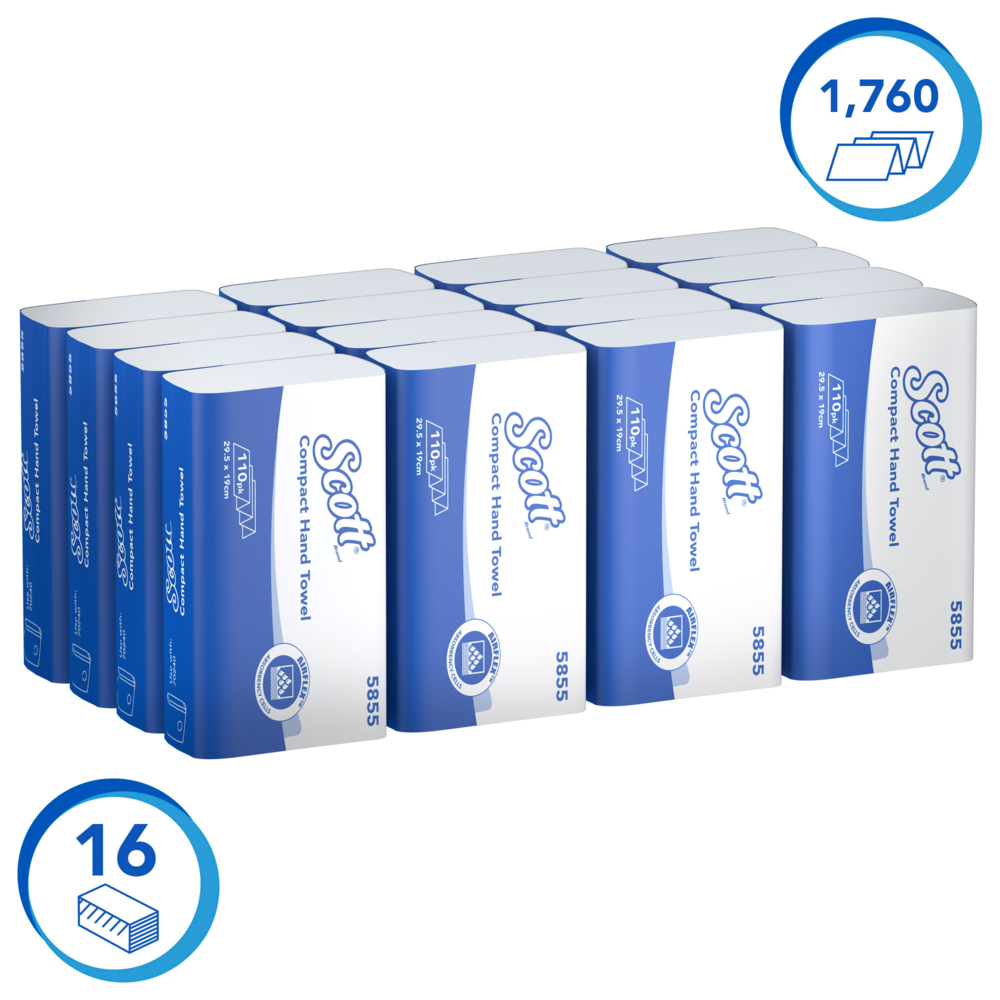 Scott® Control Compact Hand Towels (5855), White, 1-Ply Sheets, 16 Packs / Case, 110 Sheets / Pack (1760 Sheets) - 991058550