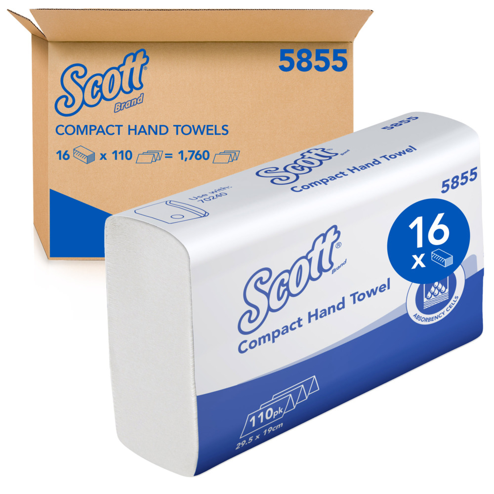 Scott® Control Compact Hand Towels (5855), White, 1-Ply Sheets, 16 Packs / Case, 110 Sheets / Pack (1760 Sheets) - 991058550