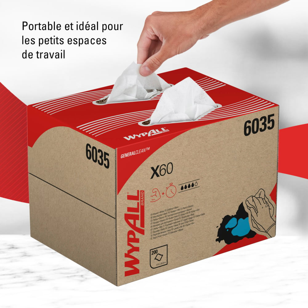 Chiffons WypAll® X60 General Clean™ 6035 – Chiffons blancs – 1 boîte BRAG™ x 200 chiffons de nettoyage blancs - 6035