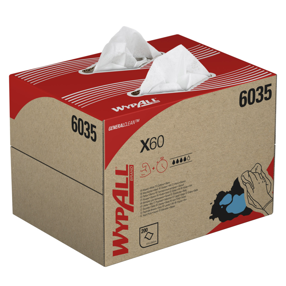 WypAll® X60 General Clean™ Cloths 6035 - White Cloths - 1 BRAG™ Box x 200 White Cleaning Cloths - 6035