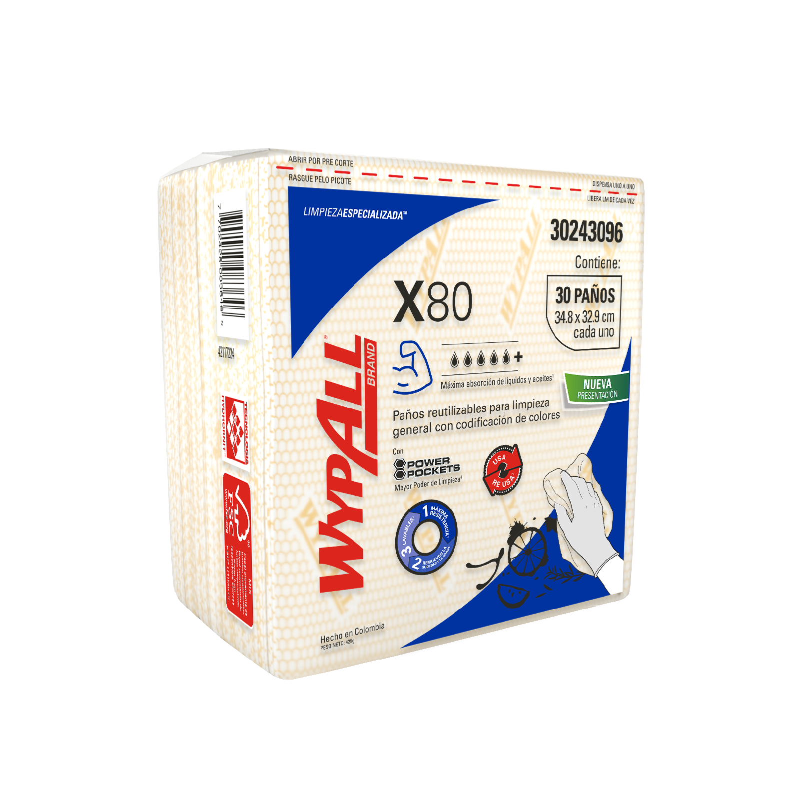 WypAll® X80 - Paños de limpieza. Color amarillo, doblados, con Power Pockets, 30 paños, 10 paquetes/caja, 300 paños/caja, 30243096 - S061511547
