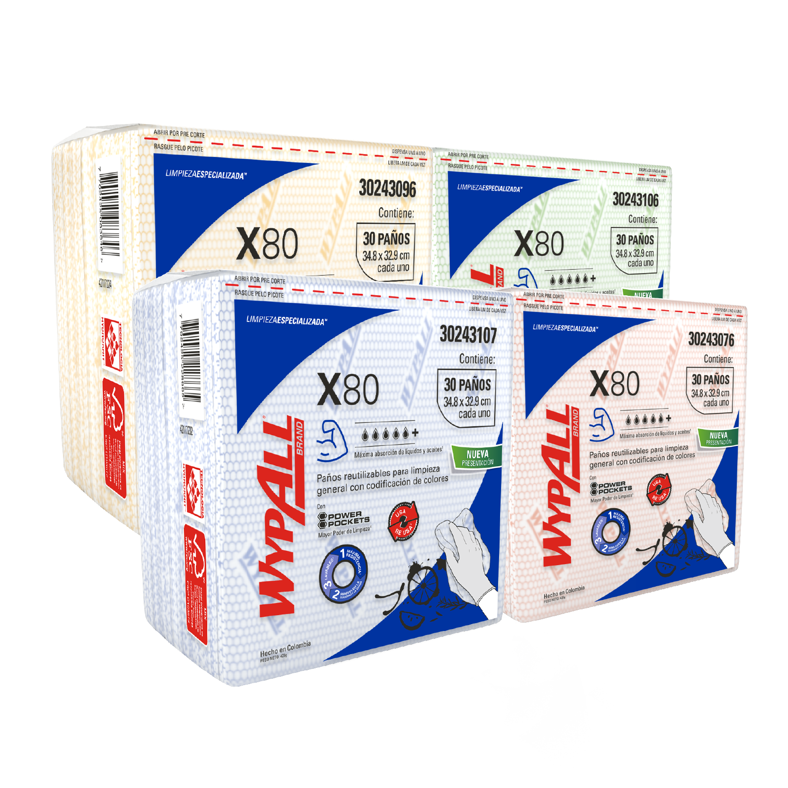 WypAll® X80 - Paños de limpieza. Color verde, doblados con Power Pockets, 30 paños, 10 paquetes/caja, 300 paños/caja, 30243106 - S061511548