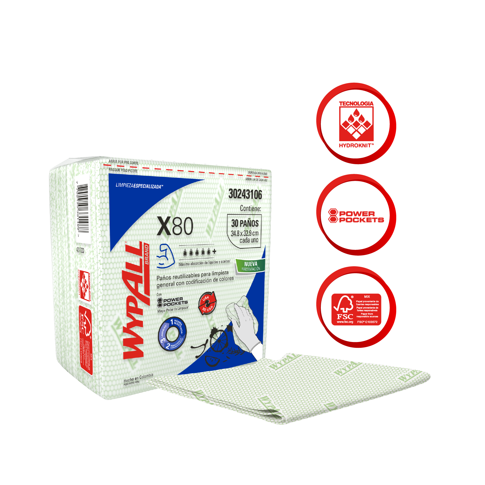 WypAll® X80 - Paños de limpieza. Color verde, doblados con Power Pockets, 30 paños, 10 paquetes/caja, 300 paños/caja, 30243106 - S061511548