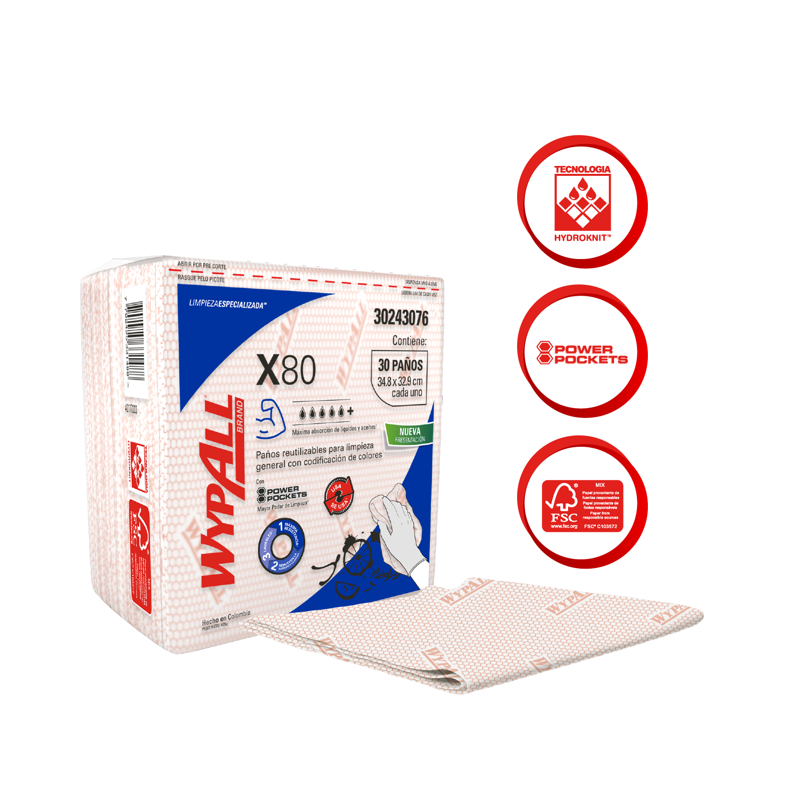 WypAll® X80 - Paños de limpieza. Color rojo, doblados, con Power Pockets, 30 paños, 10 paquetes/caja, 300 paños/caja, 30243076 - S061511550