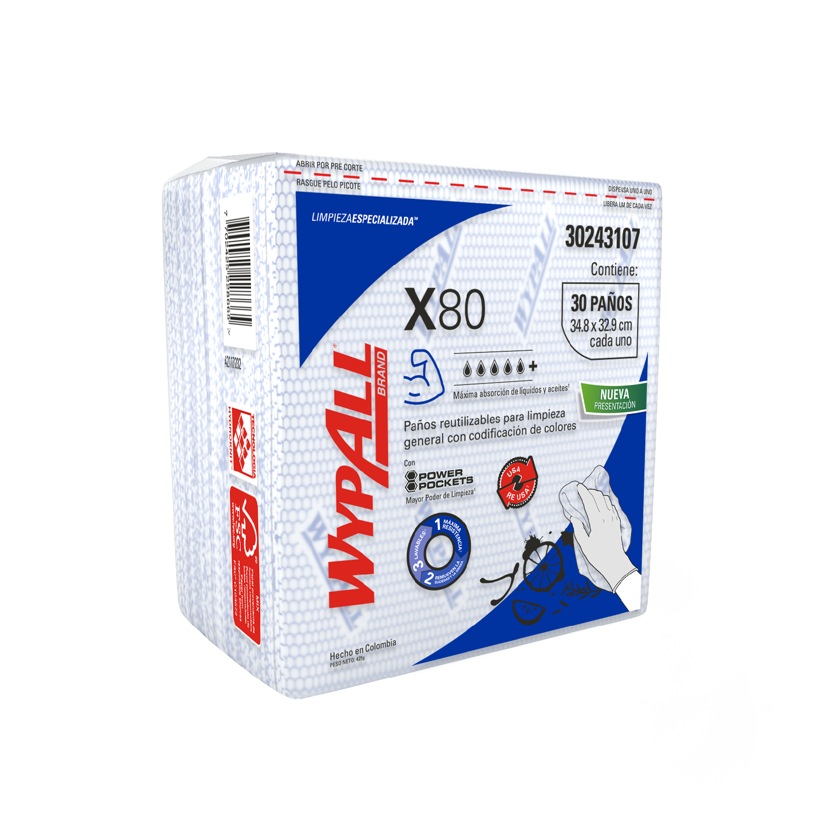 WypAll® X80 - Paños de limpieza. Color azul, doblados, con Power Pockets, 30 paños, 10 paquetes/caja, 300 paños/caja, 30243107 - S061511549