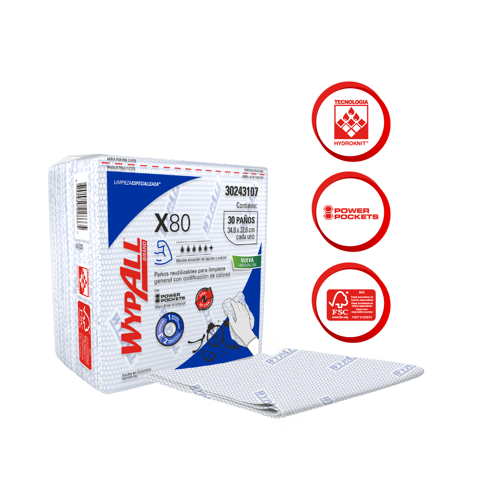 WypAll® X80 - Paños de limpieza. Color azul, doblados, con Power Pockets, 30 paños, 10 paquetes/caja, 300 paños/caja, 30243107 - S061511549