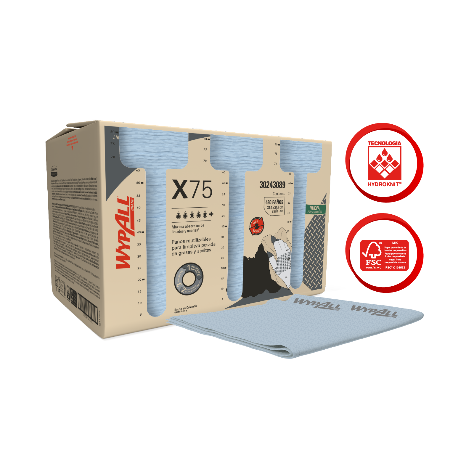 WypAll® X75 - Paños de limpieza. Doblados con embozado, 480 paños, 1 caja/caja, 480 paños/caja, 30243089 - S061556205