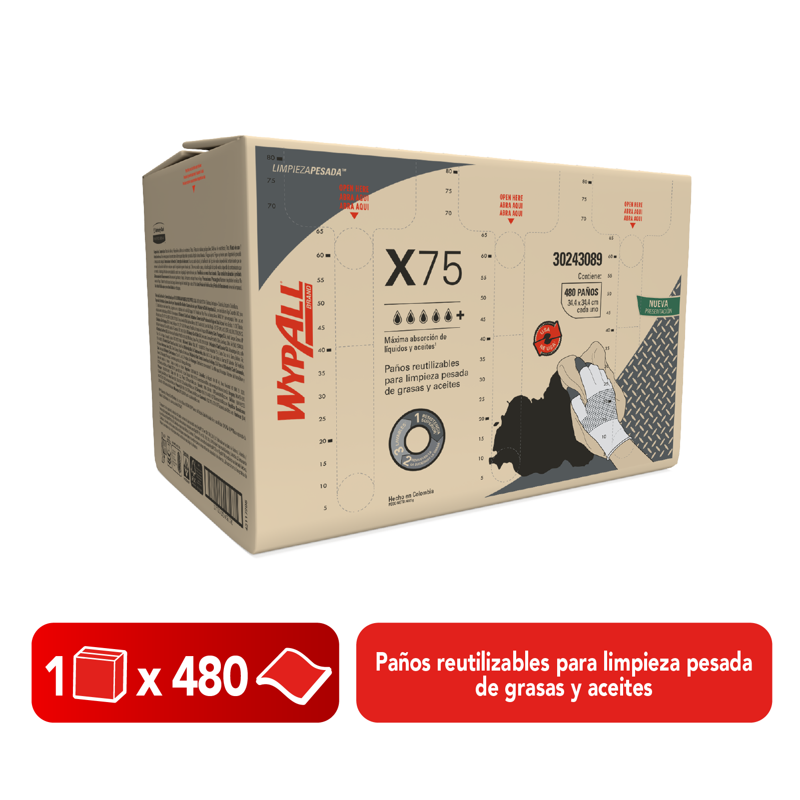 WypAll® X75 - Paños de limpieza. Doblados con embozado, 480 paños, 1 caja/caja, 480 paños/caja, 30243089 - S061556205