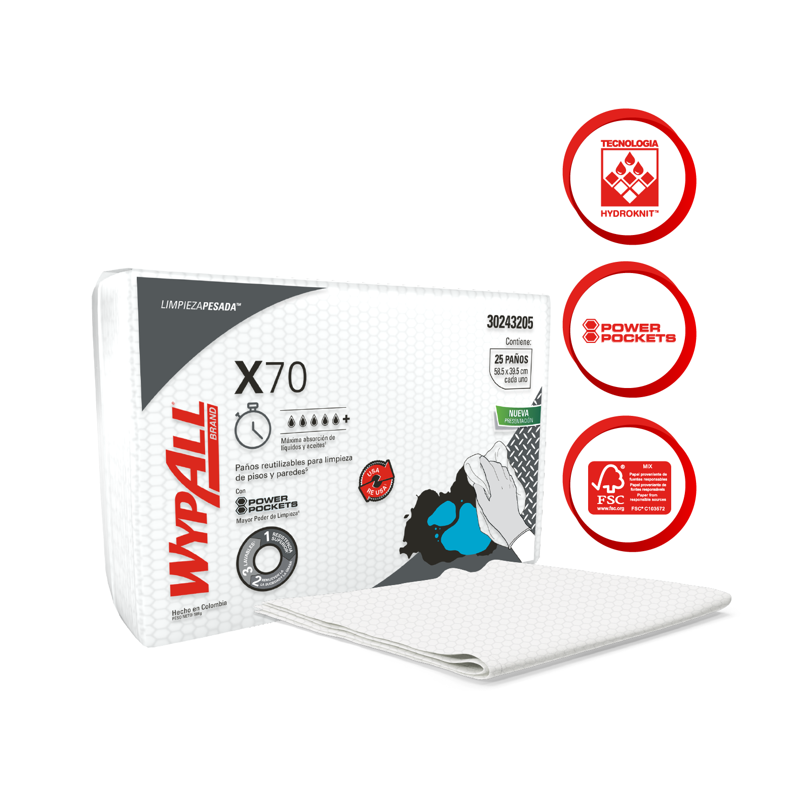 WypAll® X70 - Paños de limpieza. Doblados con Power Pockets, 25 paños, 12 paquetes/caja, 300 paños/caja, 30243205 - S061567281
