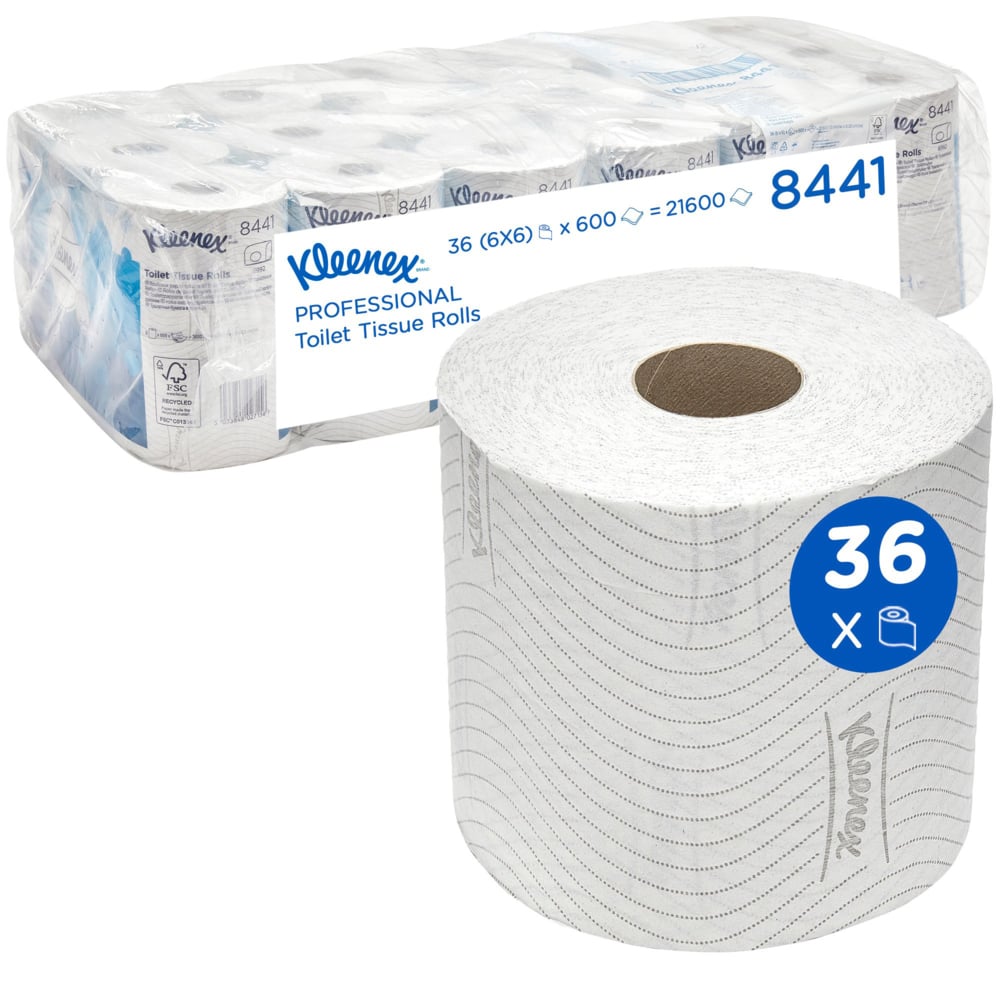 Kleenex® Standardrollen-Toilettenpapier 8441 – 2-lagiges Toilettenpapier – 6 Packungen mit 6 Toilettenpapierrollen x 600 Blatt weißes Toilettenpapier (insg. 36 Rollen/21.600 Blatt) - 8441