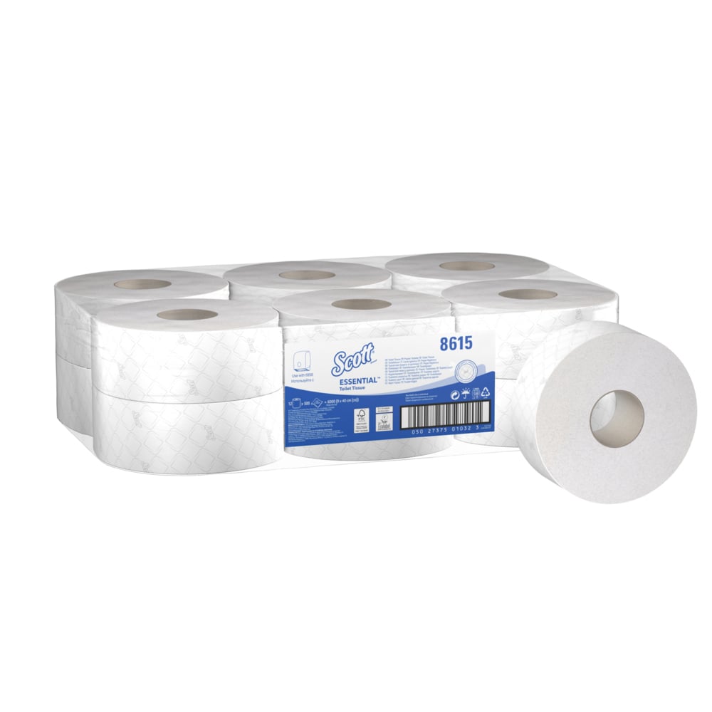 Rouleau de papier toilette Jumbo Scott® Essential™ 8615 - Papier toilette 2 épaisseurs - 12 rouleaux de 500 feuilles blanches de papier toilette (2 400 m) - 8615