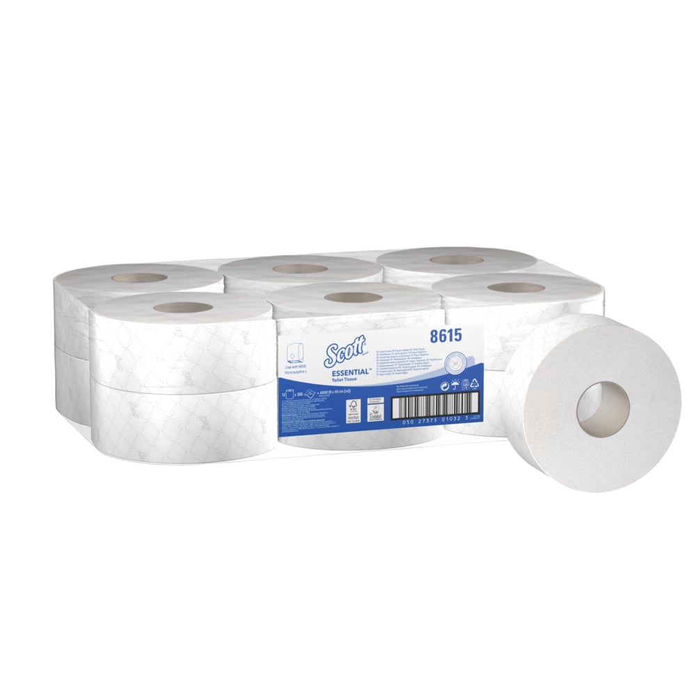 Scott® Essential™ Jumbo Roll Toilet Tissue 8615 - 2 Ply Toilet Paper - 12 Rolls x 500 White Toilet Paper Sheets (2,400m) - 8615