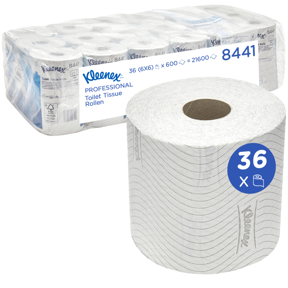Papier toilette en rouleau standard Kleenex® 8441, 36 rouleaux de 600 feuilles blanches, 2 épaisseurs (21 600 feuilles au total) - 8441