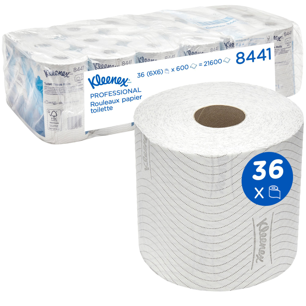 Kleenex® Essential™ Papel higiénico en rollo estándar 8441, 36 rollos x 600 hojas blancas de 2 capas (21600 hojas) - 8441