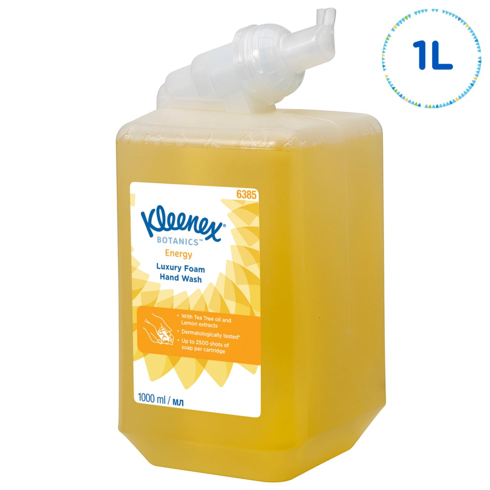 Savon mousse pour les mains Kleenex® Botanics™ Energy Luxury 6385 - Savon mousse parfumé pour les mains - 6 recharges x 1 litre de Savon mousse pour les mains, couleur jaune (6 litres au total) - 6385