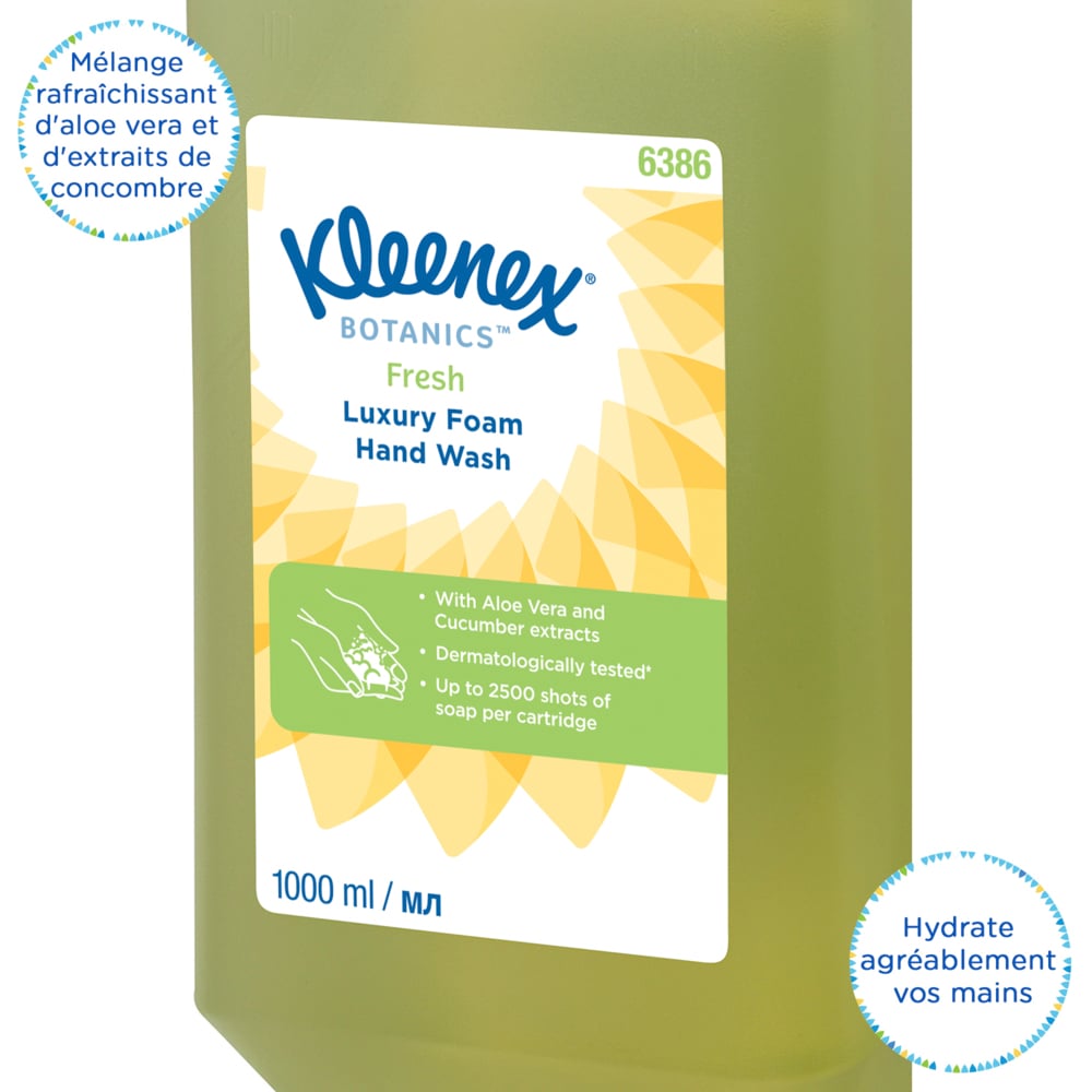 Savon mousse pour les mains Kleenex® Botanics™ Fresh 6386 - Savon mousse parfumé pour les mains - 6 recharges x 1 litre de Savon mousse pour les mains, couleur verte (6 litres au total) - 6386