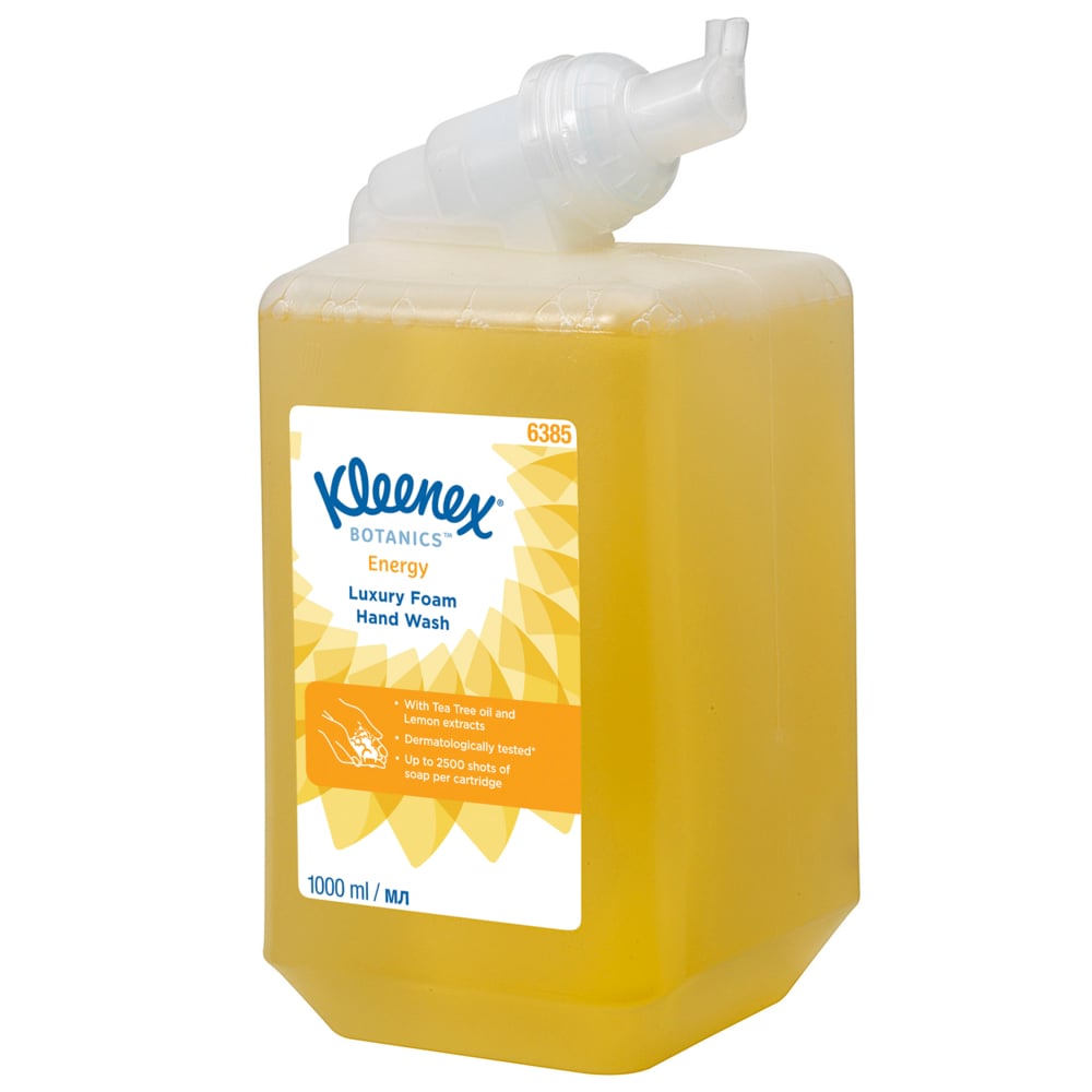 Kleenex® Botanics™ Energy Luxury Foam Hand Wash 6385 - Scented Foaming Hand Cleanser - 6 x 1 Litre Yellow Hand Wash Refills (6 Litre total) - 6385