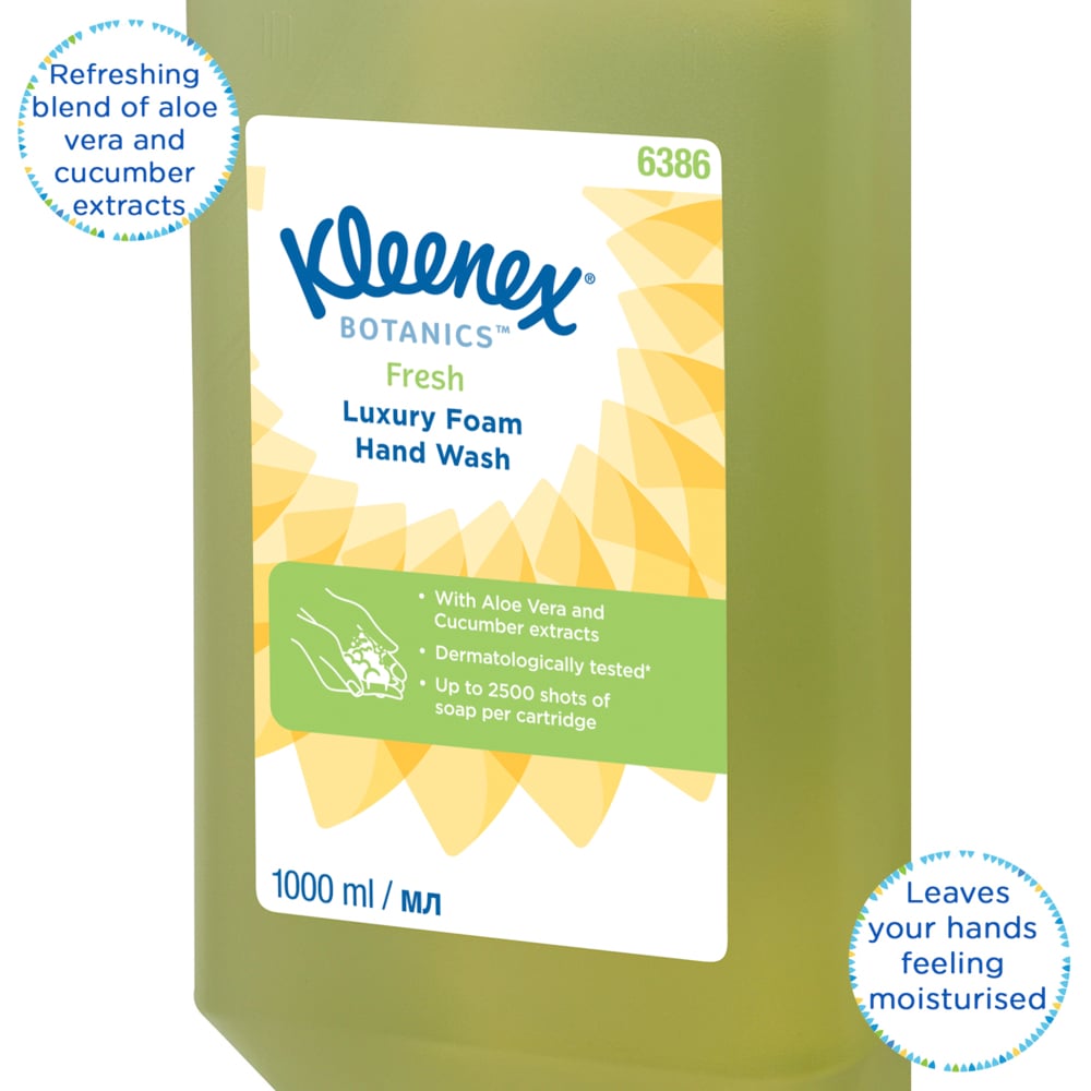 Savon mousse pour les mains Kleenex® Botanics™ Fresh 6386 - Savon mousse parfumé pour les mains - 6 recharges x 1 litre de Savon mousse pour les mains, couleur verte (6 litres au total) - 6386