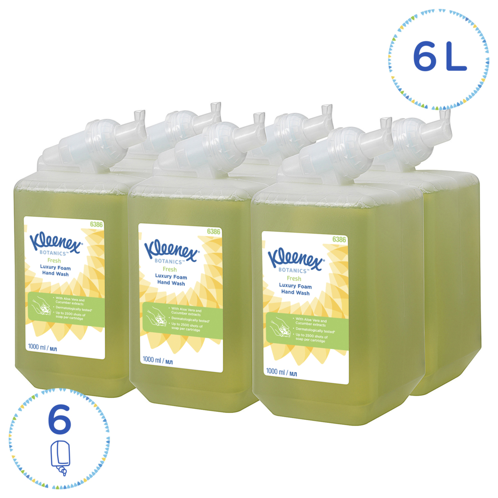 Kleenex® Botanics™ Fresh luxe schuimende handreiniger 6386 - schuimende, geurige handreiniger - 6 navulflacons met handzeep van 1 liter (6 liter in totaal), groen - 6386