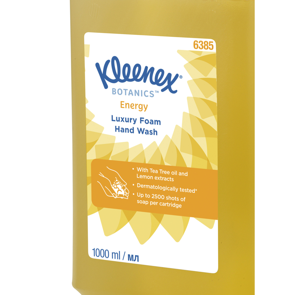 Kleenex® Botanics™ Energy Luxury Foam Hand Wash 6385 - Scented Foaming Hand Cleanser - 6 x 1 Litre Yellow Hand Wash Refills (6 Litre total) - 6385