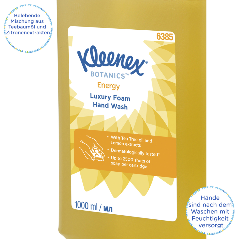 Kleenex® Botanics™ Energy luxe schuimende handreiniger 6385 - schuimende, geurige handzeep - 6 navullingen met gele handzeep van 1 liter (6 liter in totaal) - 6385