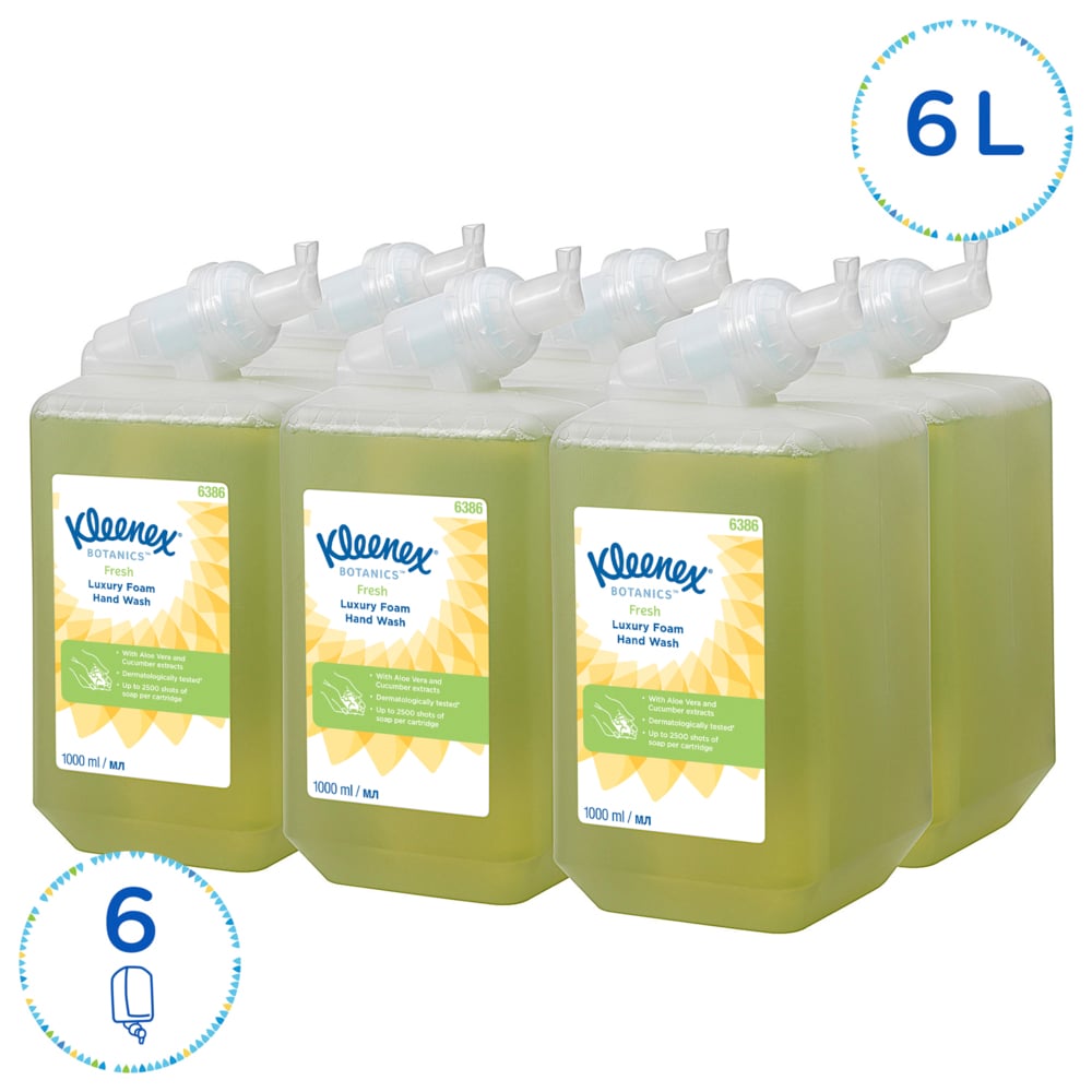 Savon mousse pour les mains Kleenex® Botanics™ Fresh 6386 - Savon mousse parfumé pour les mains - 6 recharges x 1 litre de Savon mousse pour les mains, couleur verte (6 litres au total) - 6386