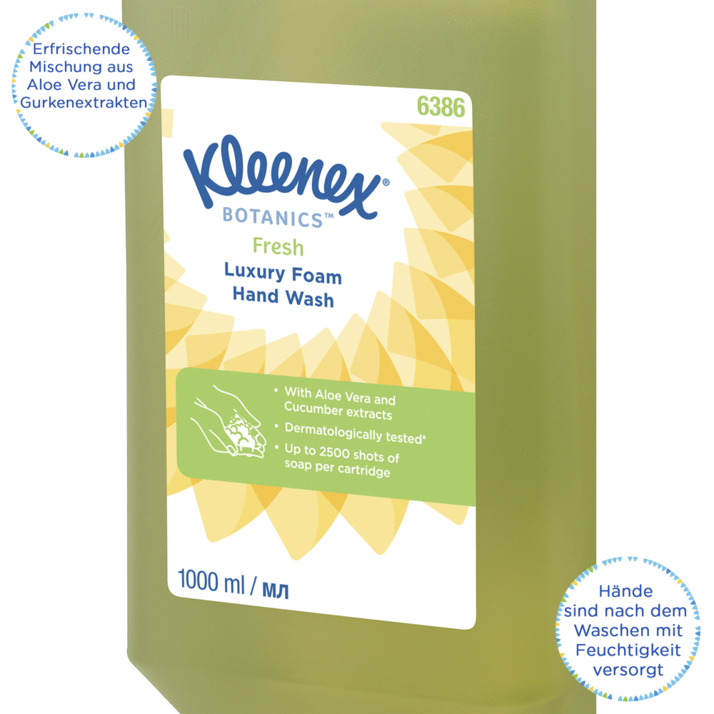 Savon mousse pour les mains Kleenex® Botanics™ Fresh 6386 - Savon mousse parfumé pour les mains - 6 recharges x 1 litre de Savon mousse pour les mains, couleur verte (6 litres au total) - 6386