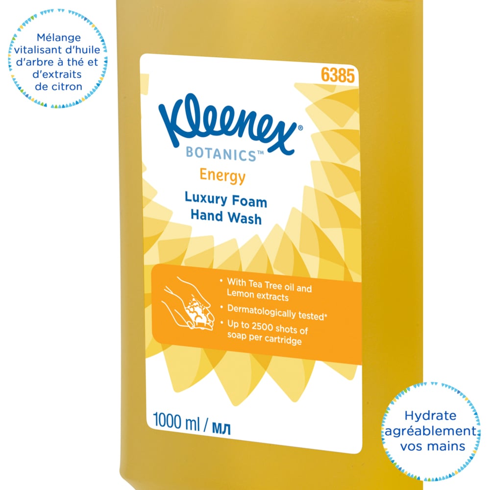 Savon mousse pour les mains Kleenex® Botanics™ Energy Luxury 6385 - Savon mousse parfumé pour les mains - 6 recharges x 1 litre de Savon mousse pour les mains, couleur jaune (6 litres au total) - 6385