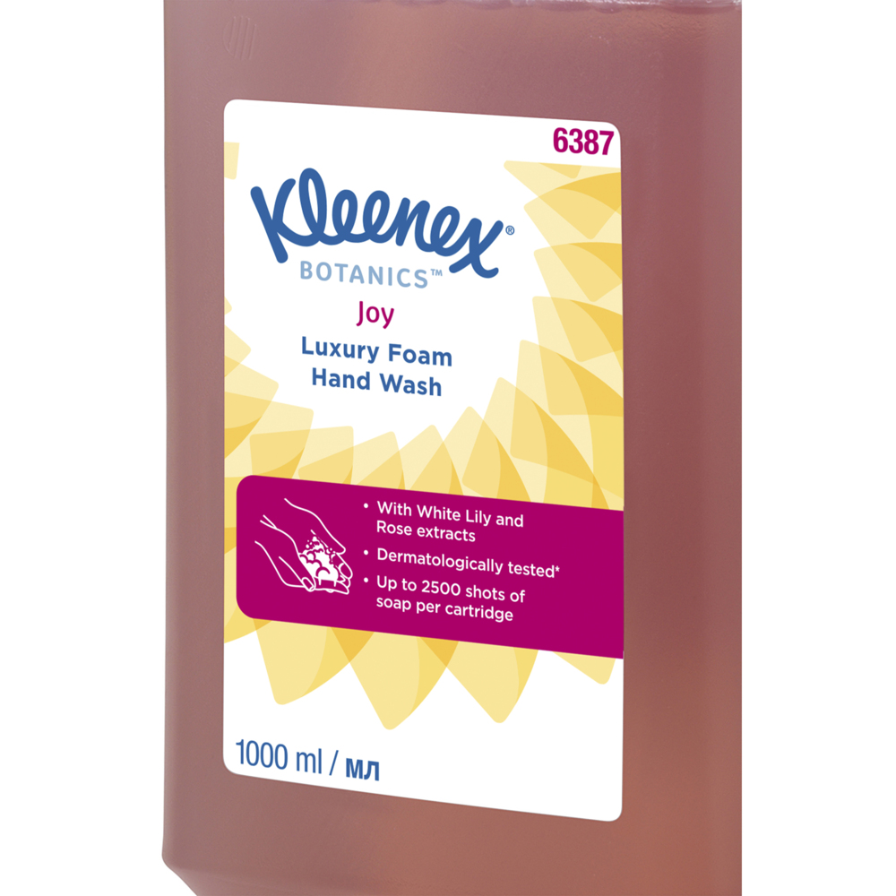 Savon mousse pour les mains Kleenex® Botanics™ Joy Luxury 6387 - Savon mousse parfumé pour les mains - 6 recharges x 1 litre de Savon mousse pour les mains, couleur rose (6 litres au total) - 6387
