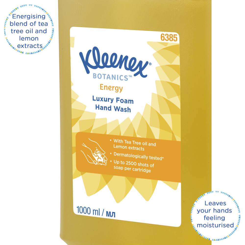 Savon mousse pour les mains Kleenex® Botanics™ Energy Luxury 6385 - Savon mousse parfumé pour les mains - 6 recharges x 1 litre de Savon mousse pour les mains, couleur jaune (6 litres au total) - 6385