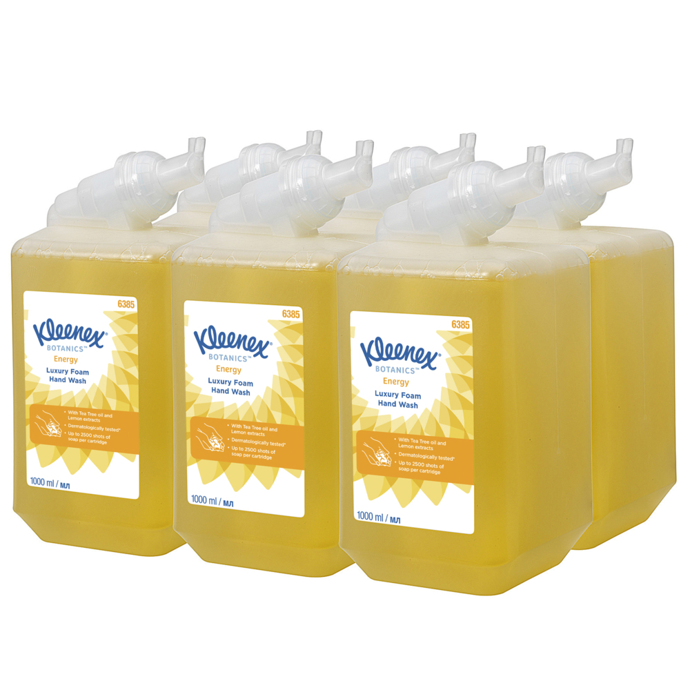 Kleenex® Botanics™ Energy Luxury Foam Hand Wash 6385 - Scented Foaming Hand Cleanser - 6 x 1 Litre Yellow Hand Wash Refills (6 Litre total) - 6385