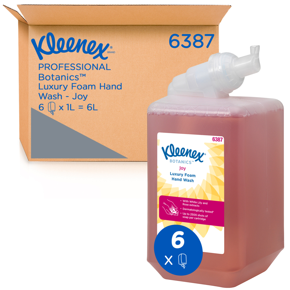 Savon mousse pour les mains Kleenex® Botanics™ Joy Luxury 6387 - Savon mousse parfumé pour les mains - 6 recharges x 1 litre de Savon mousse pour les mains, couleur rose (6 litres au total)