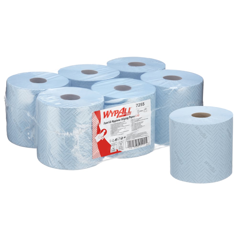 WypAll® L10 Food & Hygiene Wiping Paper 7255 - 1 Ply Centrefeed Blue Roll - 6 Centrefeed Rolls x 800 Paper Wipes (4,800 total) - 7255